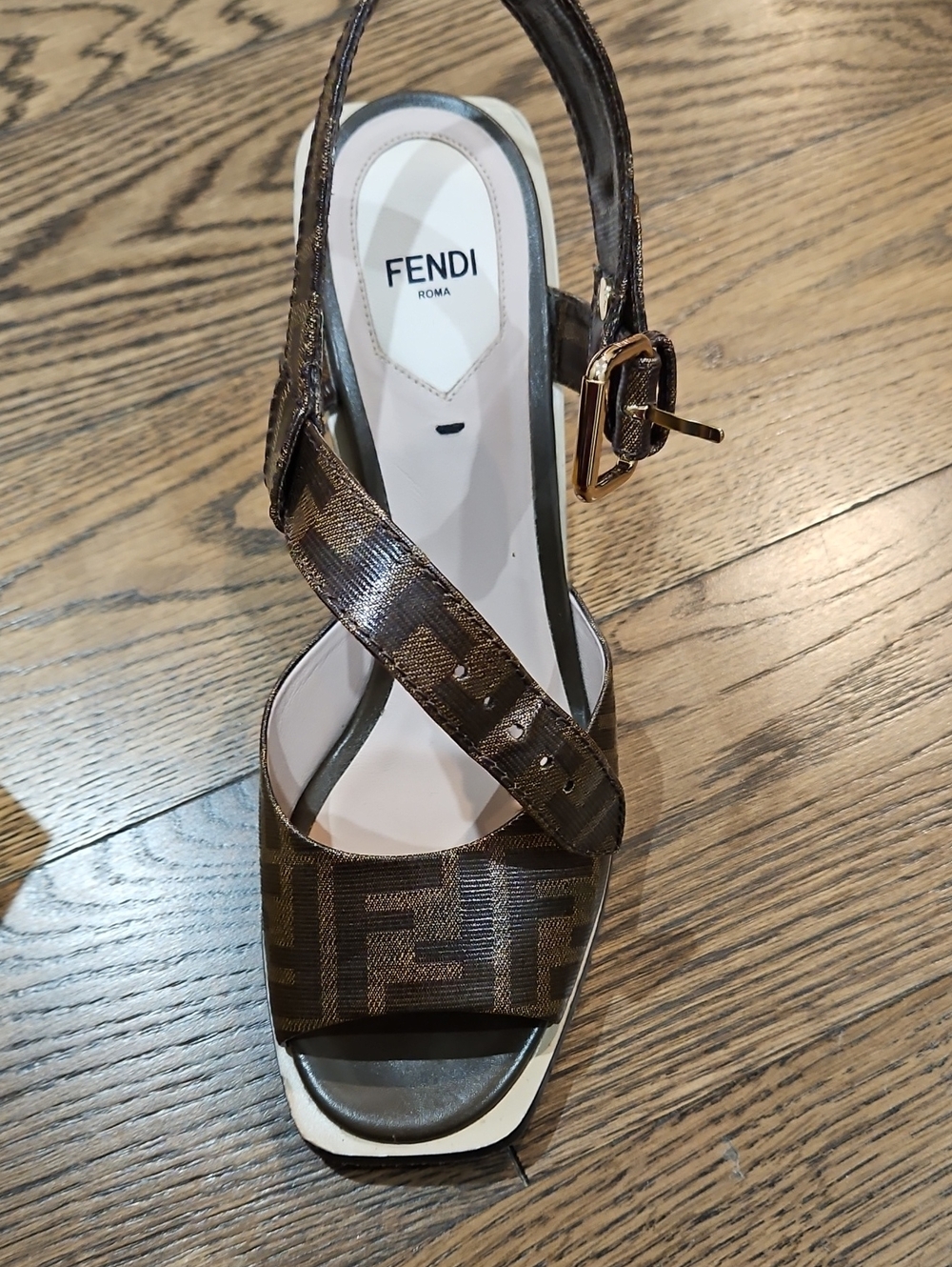 Fendi Brown FF Logo Crisscross Slingback Sandals with Gold Buckle